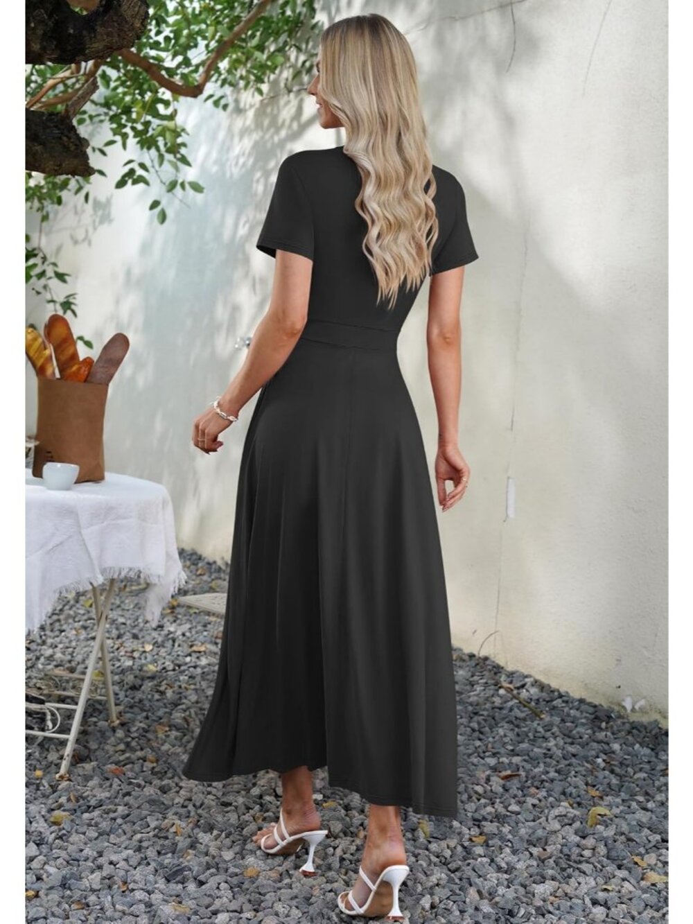 Women's Black V-Neck Short Sleeve Long Flowy Sundress Pull On Casual Maxi Dress - Picture 5 of 5